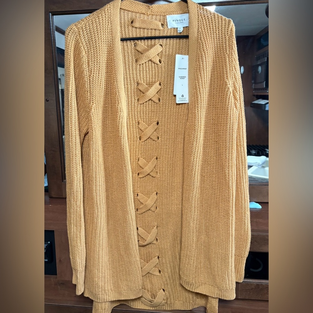 Pinque Mustard Yellow Cardigan with Criss-Cross Lacing NWT